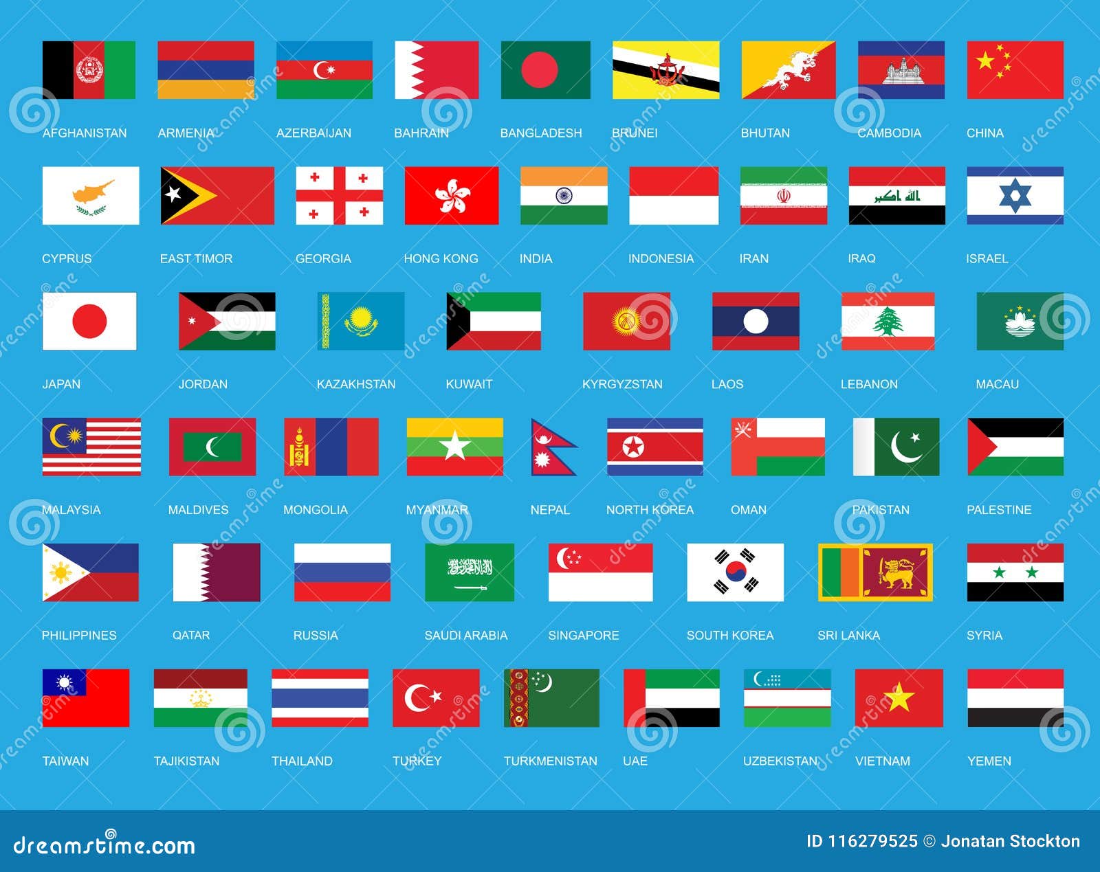 Conjunto de bandeiras de países asiáticos com acenando estilo de