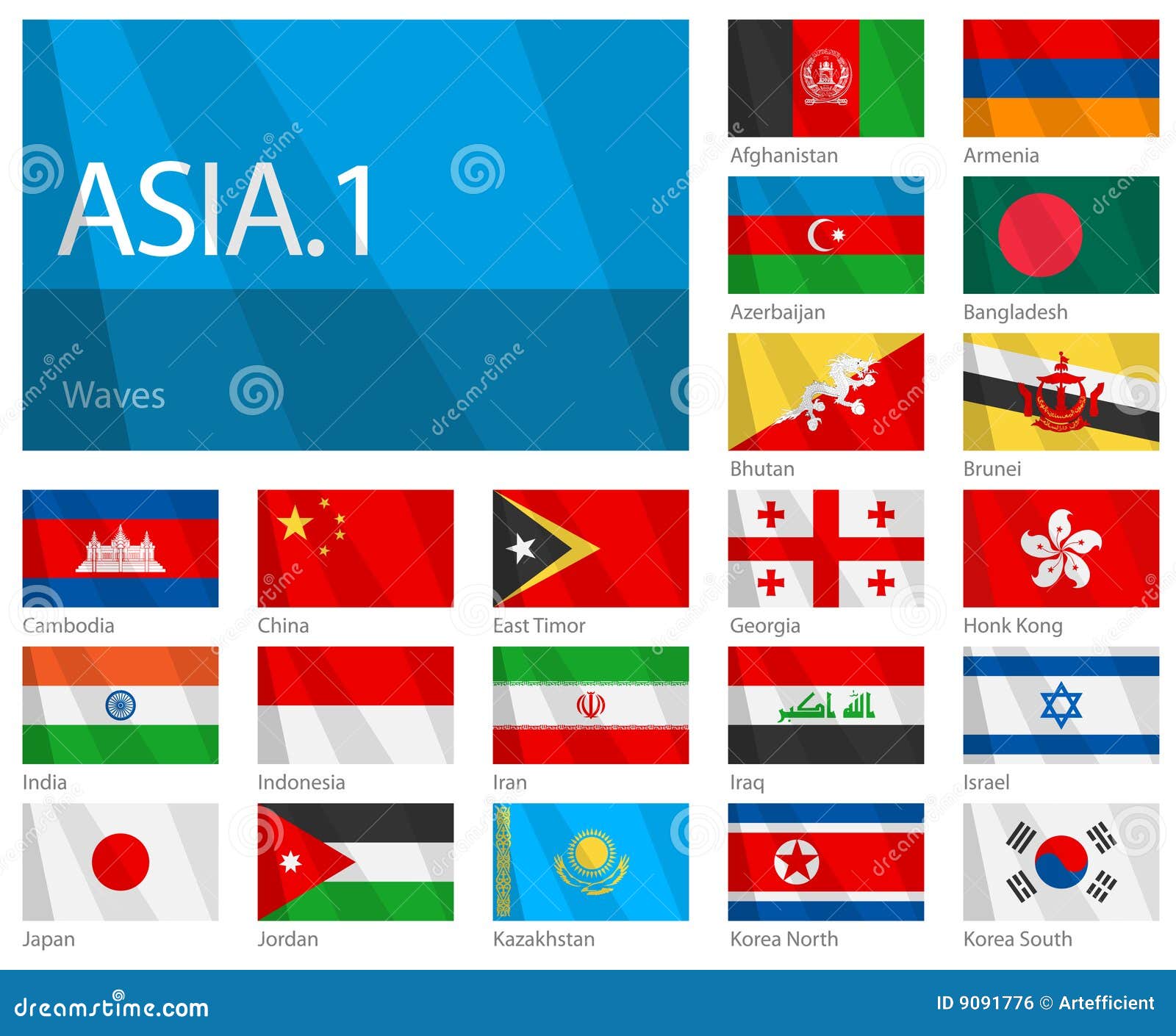 Conjunto de bandeiras de países asiáticos com acenando estilo de