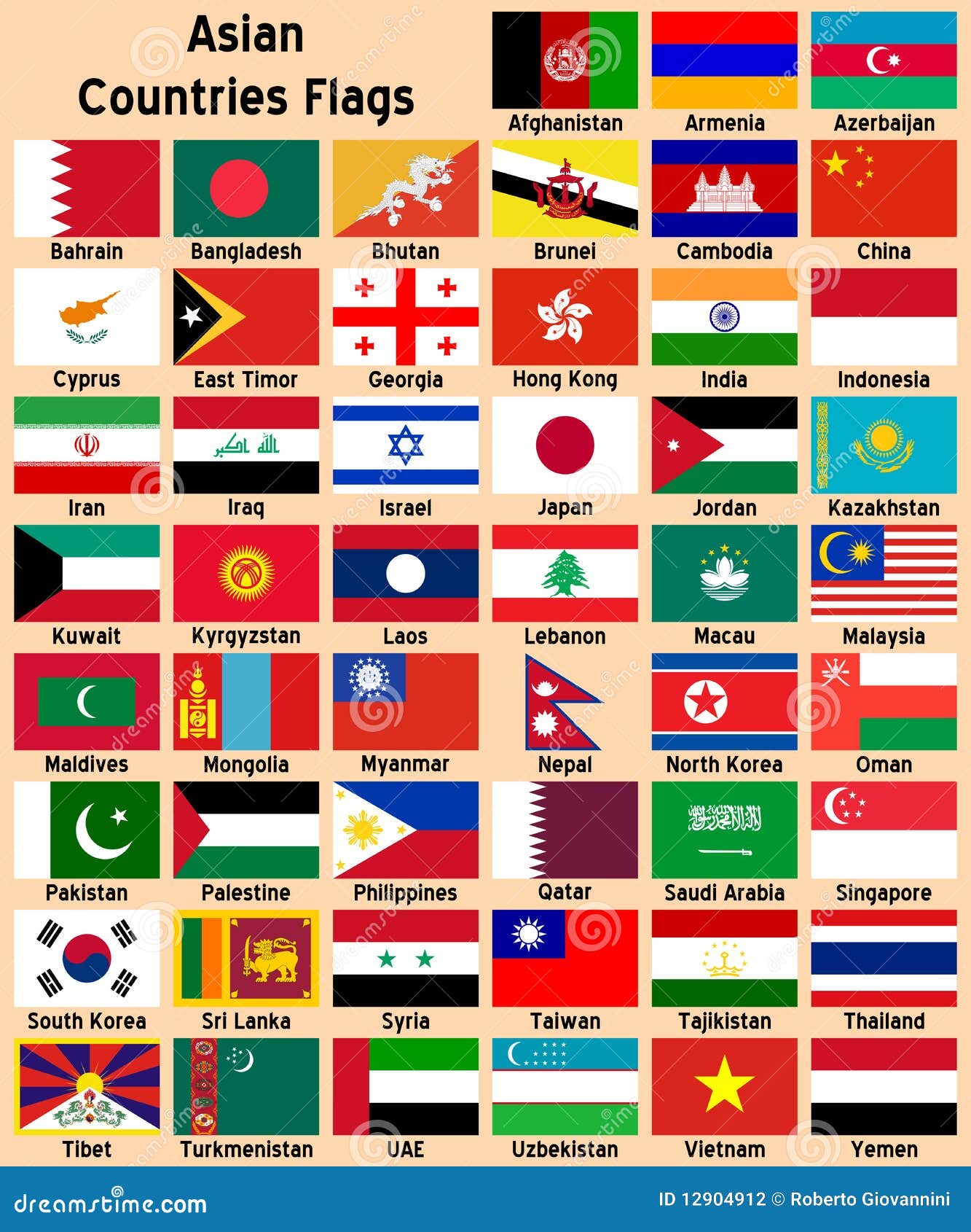 Conjunto de bandeiras de países asiáticos com acenando estilo de