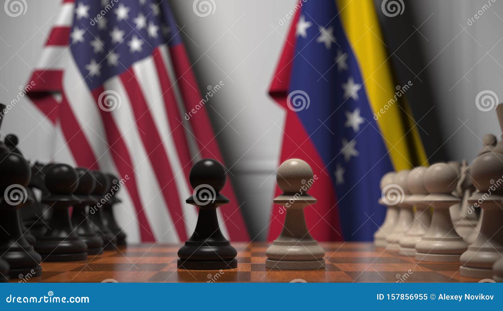 Bandeiras Dos Estados Unidos E Da Venezuela Por Trás Do Tabuleiro De Xadrez  O Primeiro Peão Se Move No Início Do Jogo Política Ilustração Stock -  Ilustração de preto, inimigo: 157856955