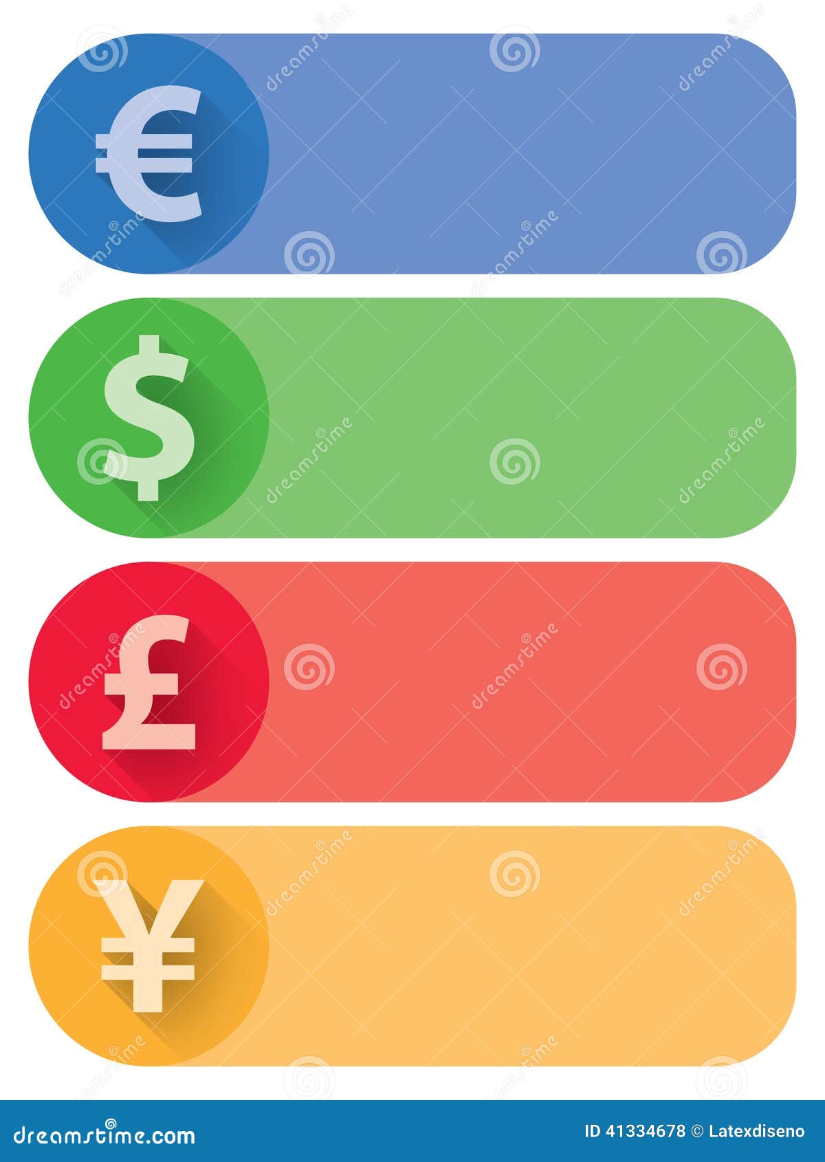 Bandeiras e botões lisos das moedas. 4 bandeiras lisas das moedas Euro, dólar, libra e ienes incluídos, em 4 cores diferentes A ilustração do vetor do AI 10, cores globais de CMYK incluiu como o formato adicional