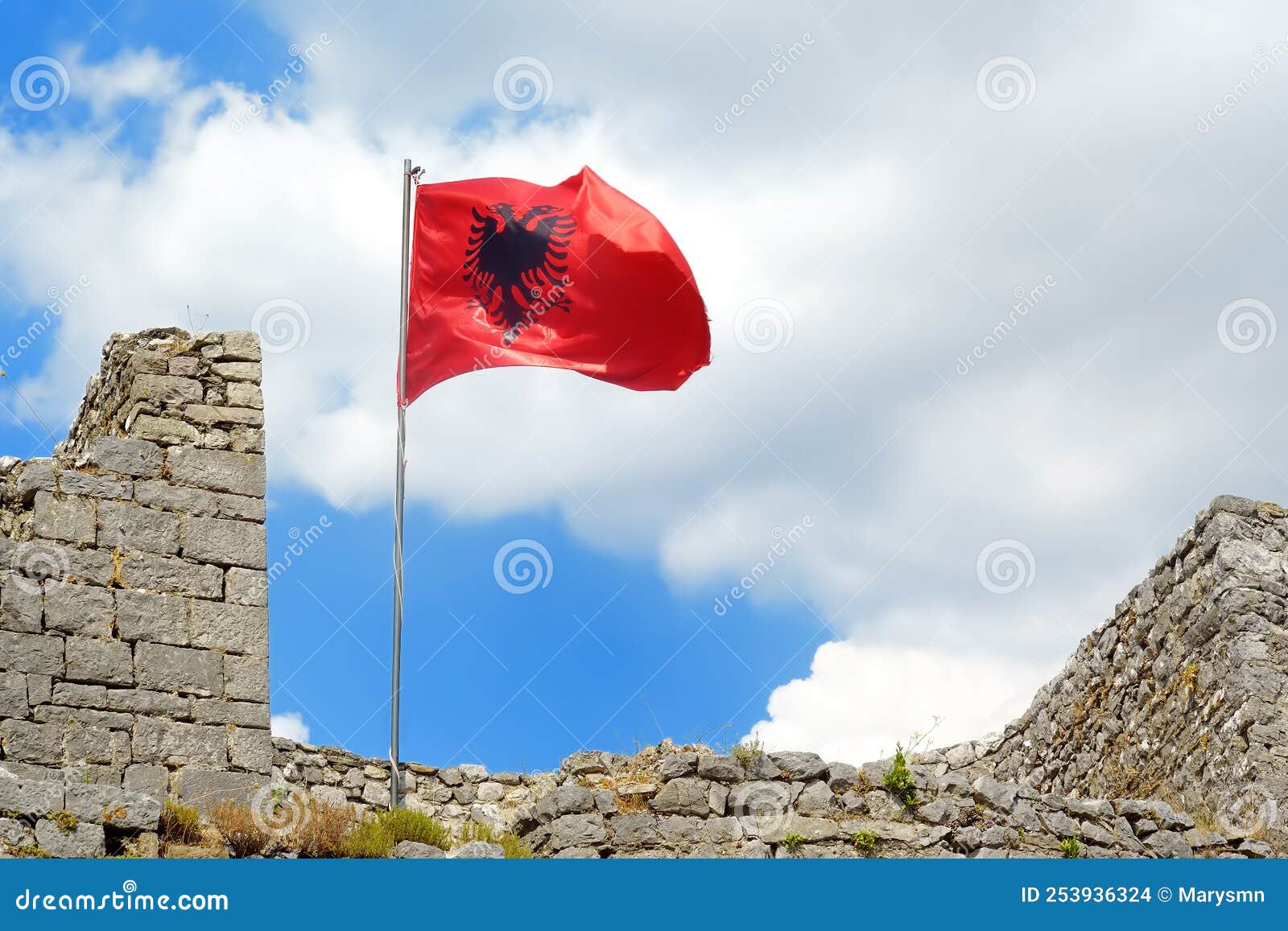 Bandera Albanesa Roja Con águila Negra De Cabeza Doble Ondeando El Muro De  La Fortaleza Rozafa Cerca De La Ciudad De Shkodra. Panc Foto de archivo -  Imagen de emblema, indicador: 253936324