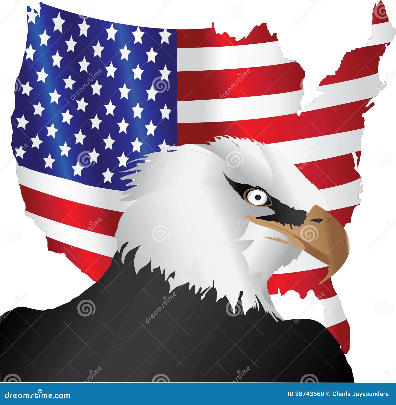Bandera americana y águila. Eagle y bandera americana en el fondo blanco