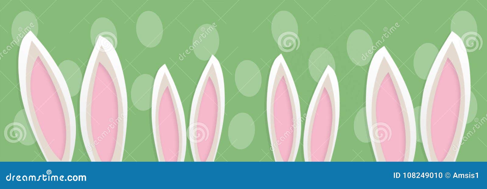 Bandera con los oídos de cuatro conejos de Pascua Los oídos son visibles pero se oculta la cabeza El color blanco y gris, pone verde el fondo con las siluetas de los huevos de Pascua
