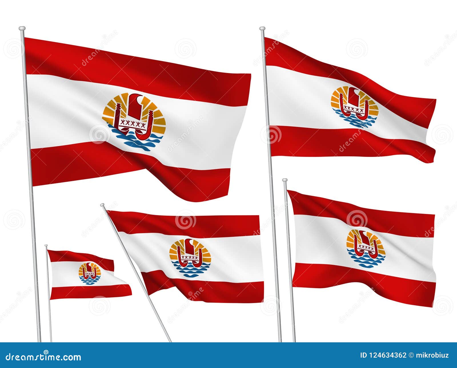Banderas del vector de Polinesia francesa fijadas 5 la tela ondulada 3D señala agitar por medio de una bandera en el viento EPS 8 creado usando las mallas de la pendiente aisladas en el fondo blanco Cinco elementos del diseño de la colección del mundo