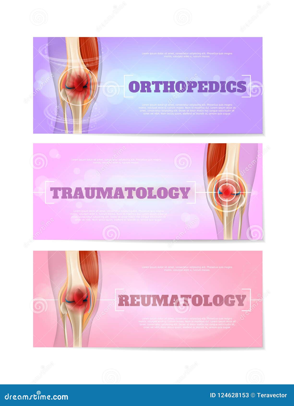 Banderas médicas del web con el sistema del vector de las juntas de rodilla. Ortopedia, Traumatology y banderas horizontales médicas del web del vector de Reumatology fijadas Colección de plantillas de la página del aterrizaje con dañado por la enfermedad, ejemplos anatómicos humanos inflamados de las juntas de rodilla