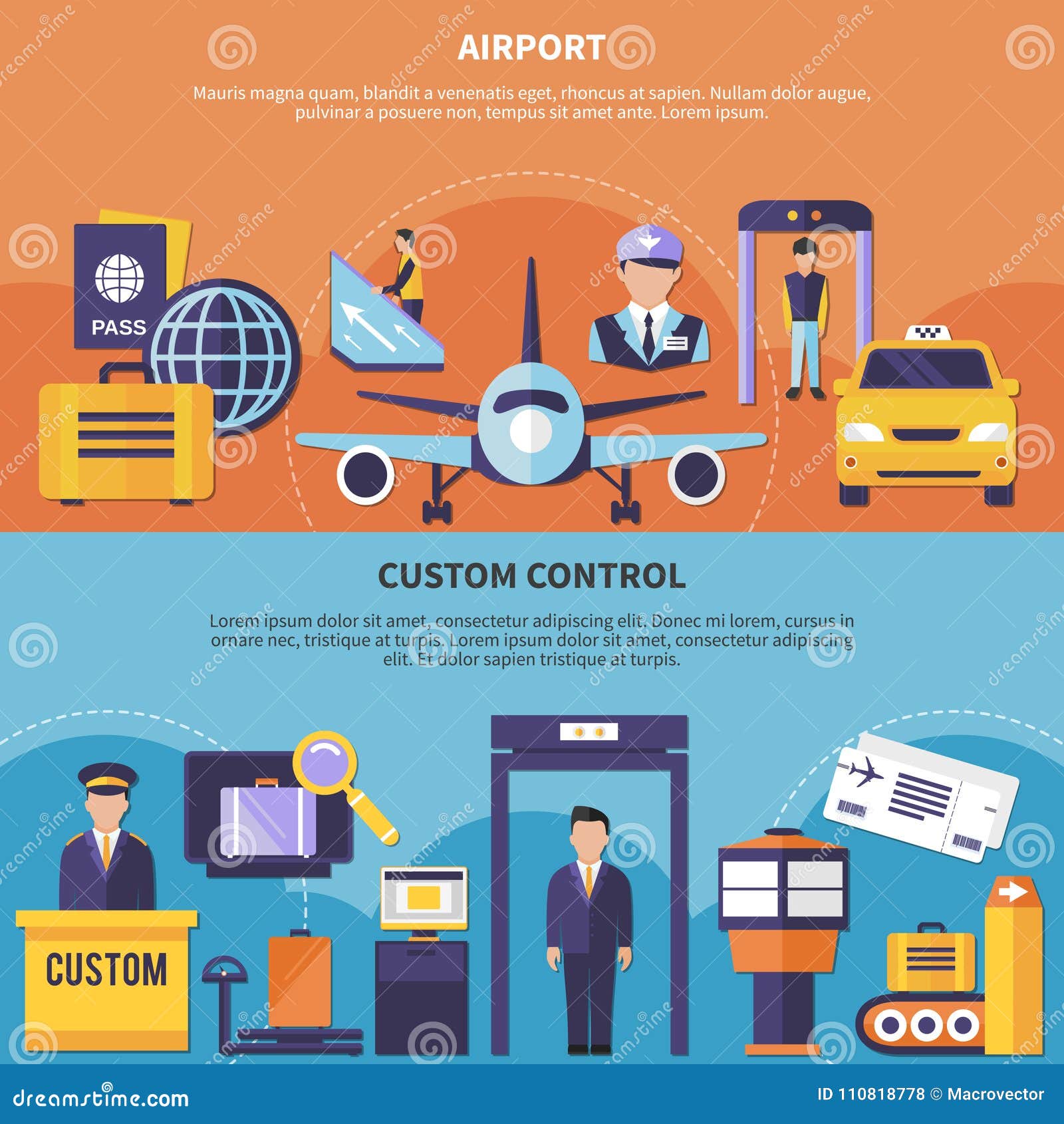 Banderas Planas Del Aeropuerto Fijadas Ilustración Del Vector