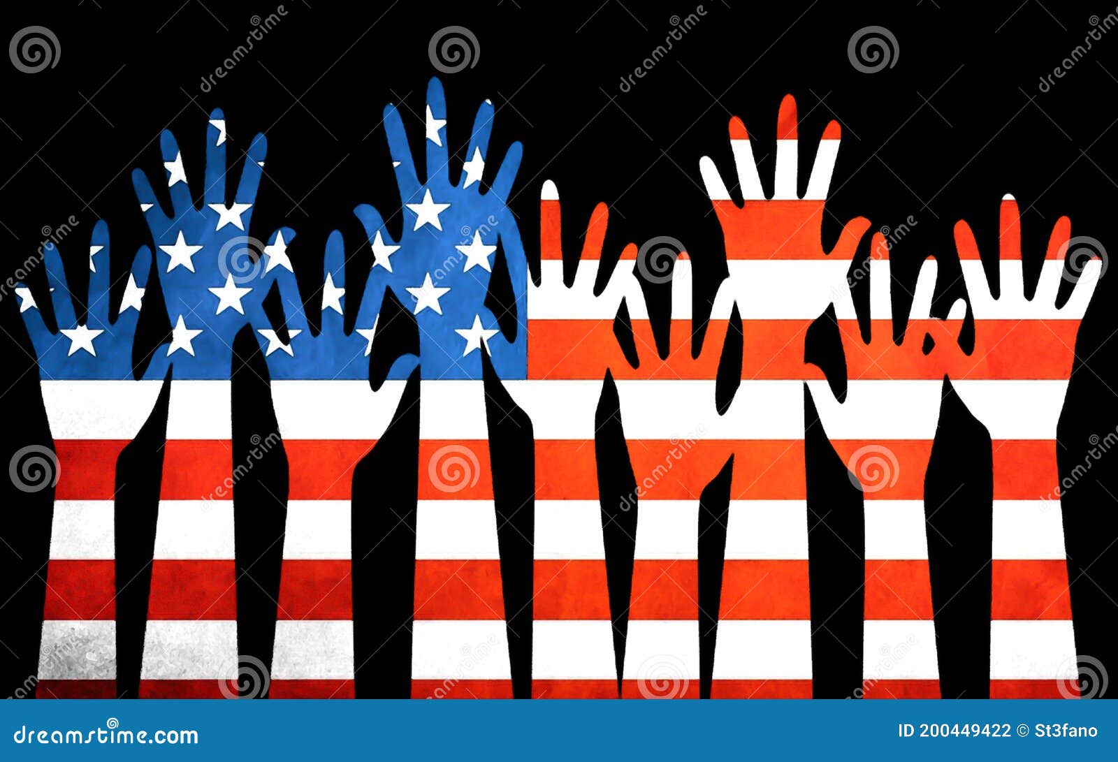 bandiera usa con mani in diversi colori dietro le strisce della bandiera americana