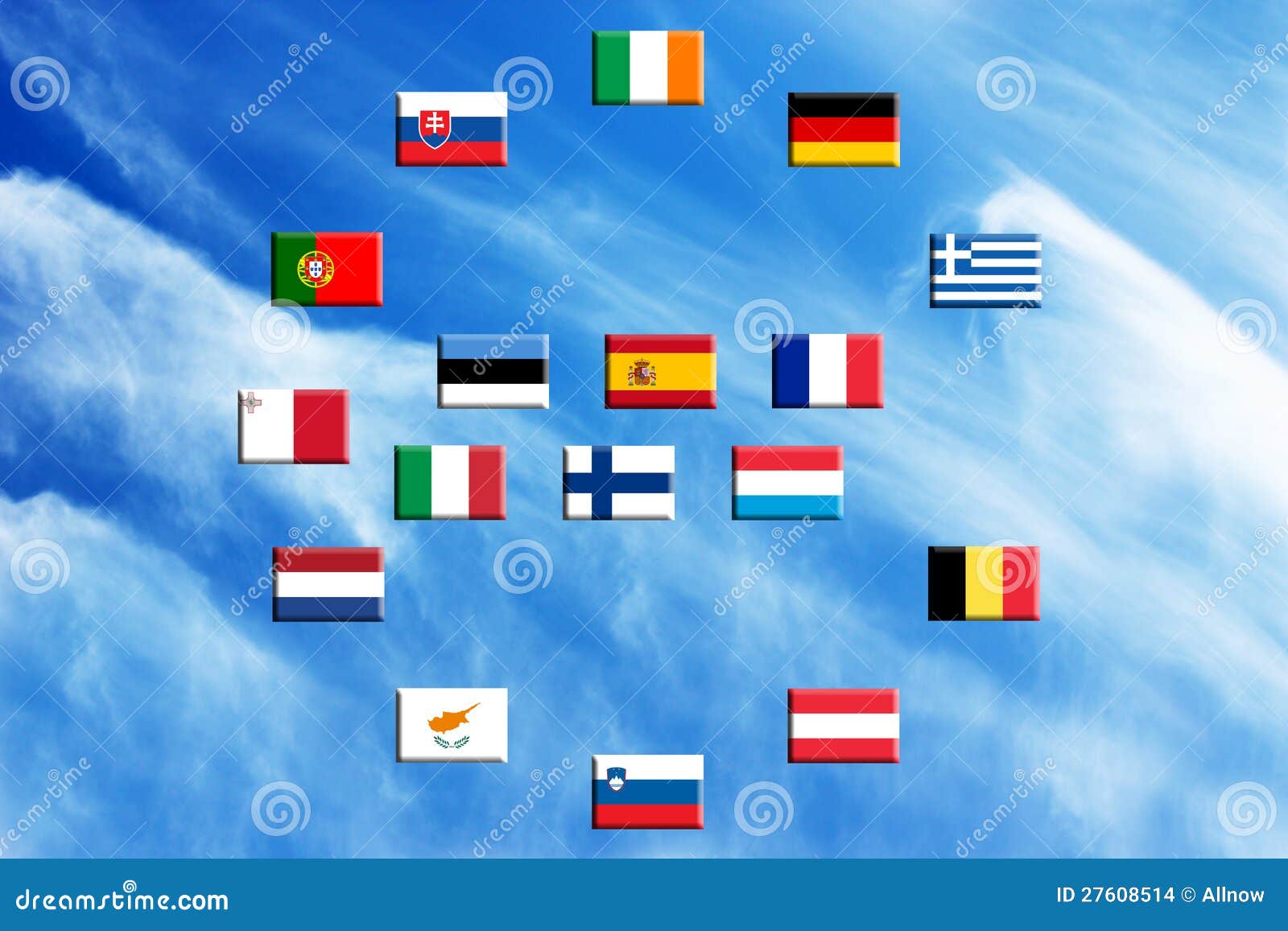Bandierine dei paesi di eurozone contro il cielo e le nubi