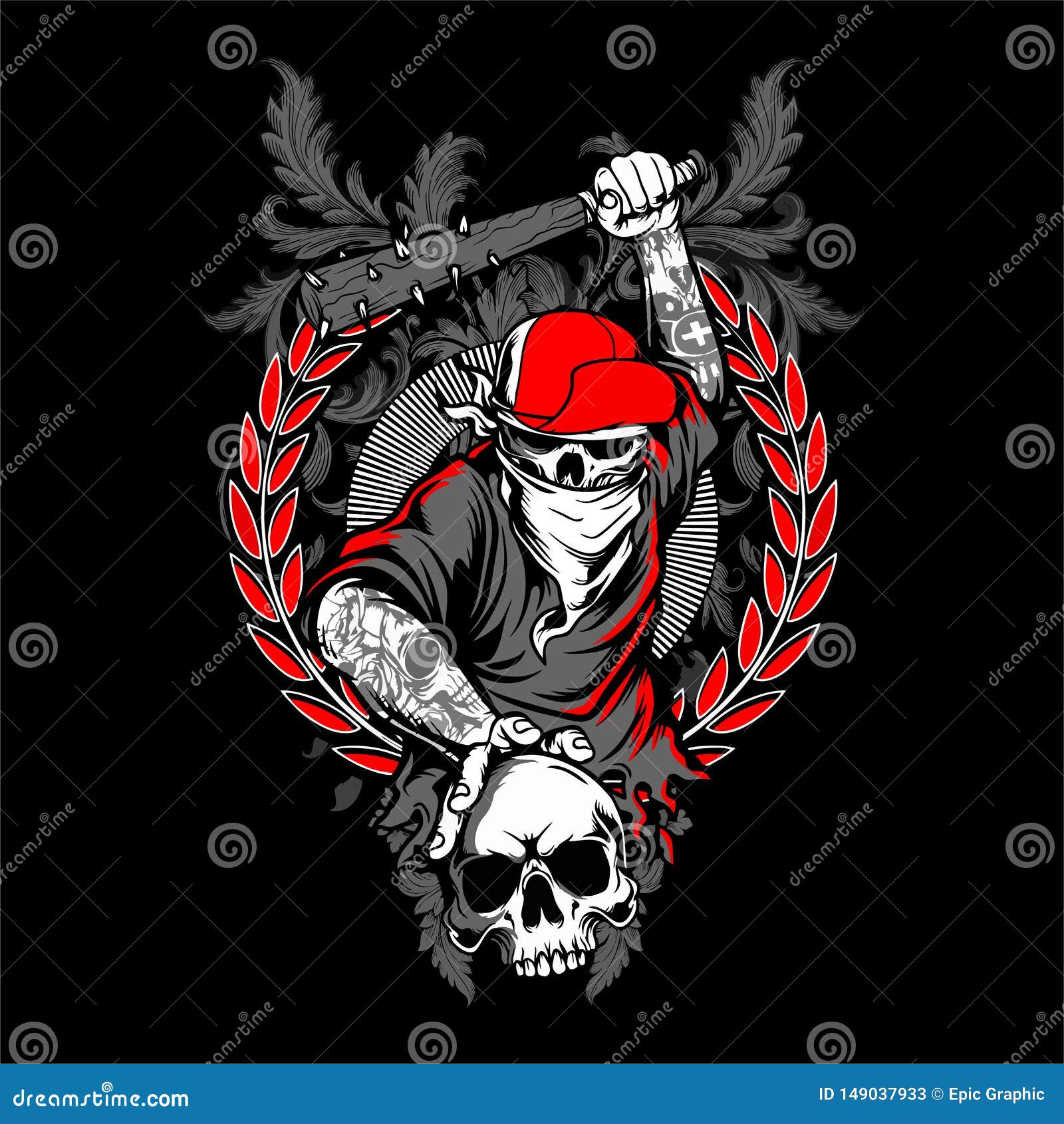 bandit skull in hipster cap and skeleton