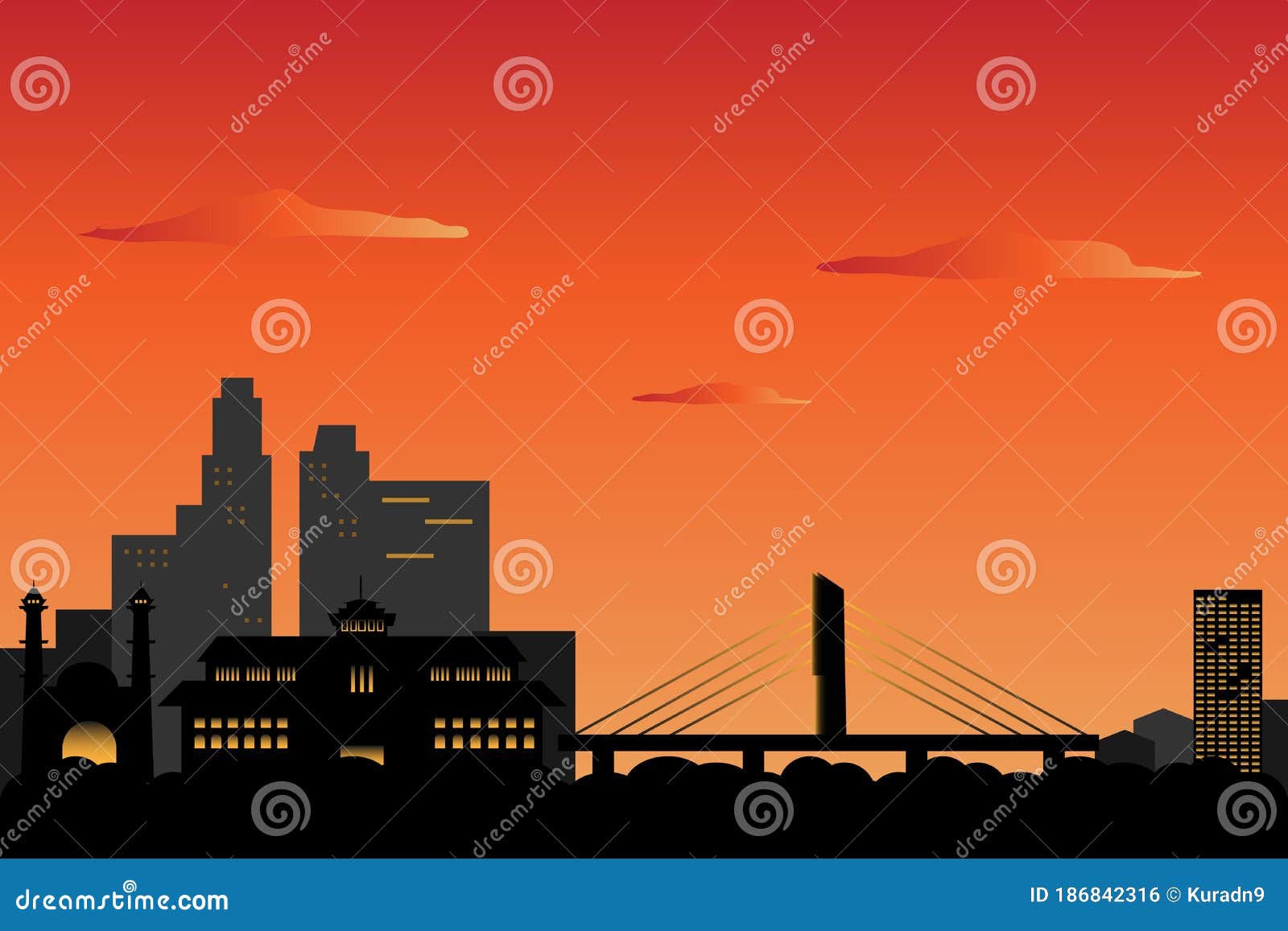 silhouete of bandung city skyline at down, orange sky