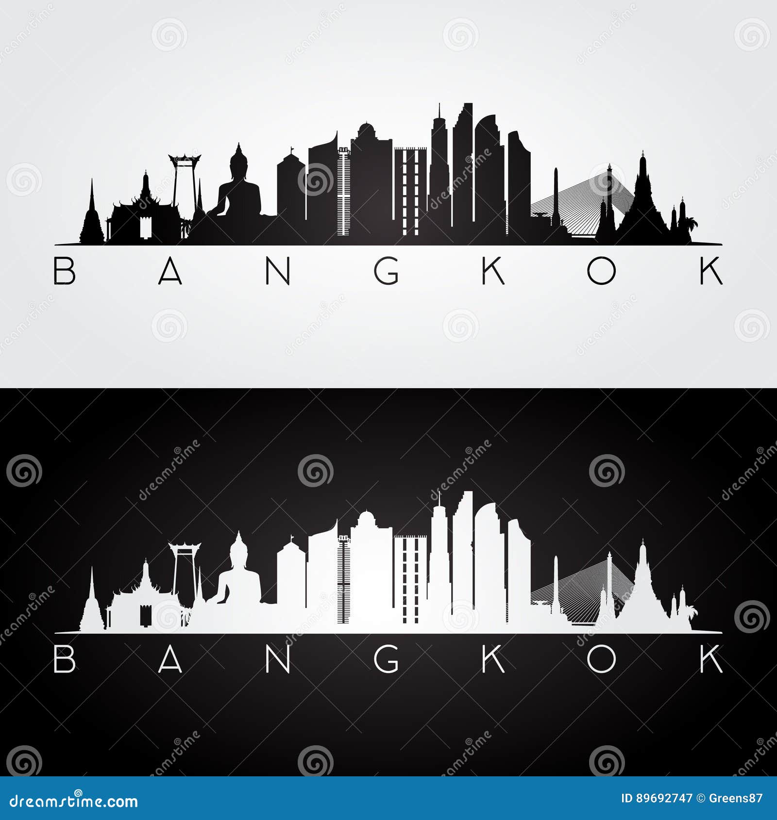 bangkok skyline and landmarks silhouette.