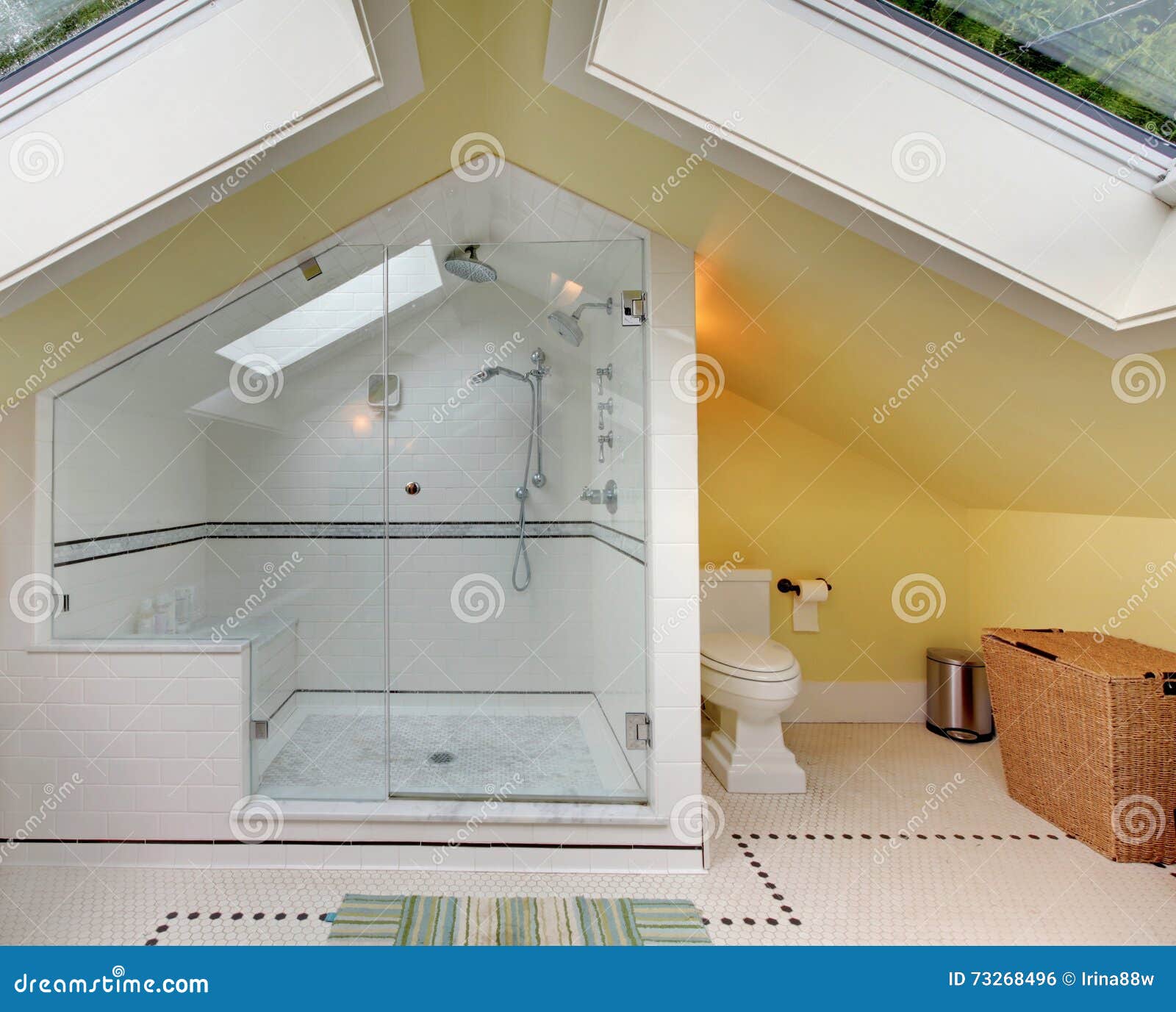 Banheiro Moderno Em Cima Com Grande Chuveiro E Teto Arcado Foto de