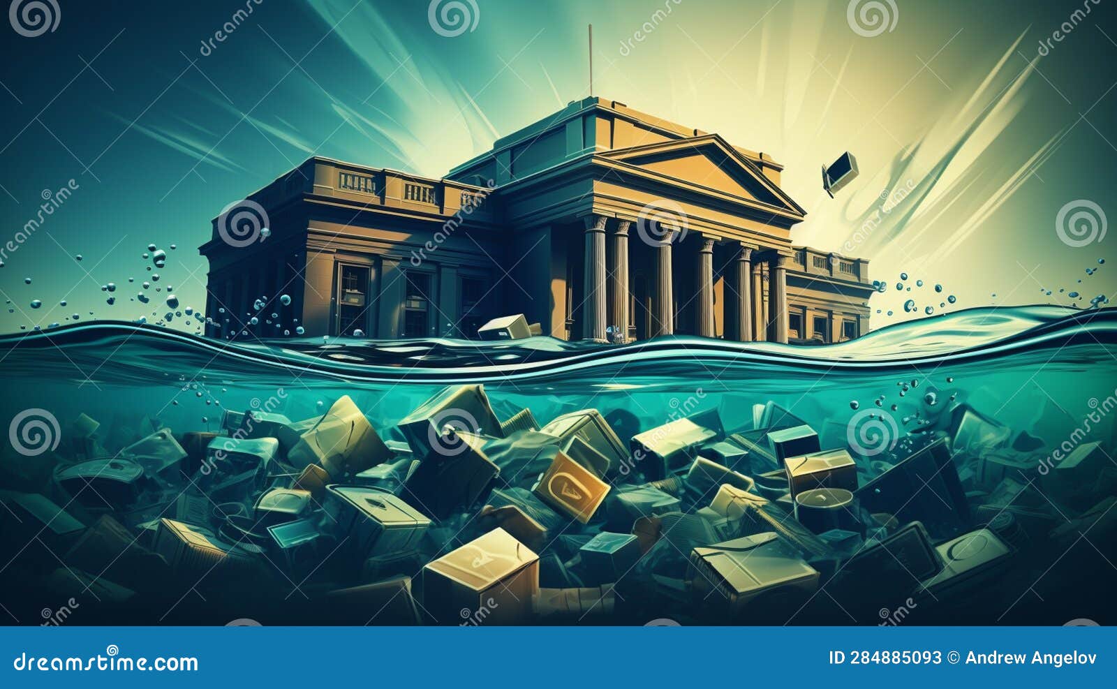 bank drowning under water. conseptual banking crisis 3d rendering . generative ai