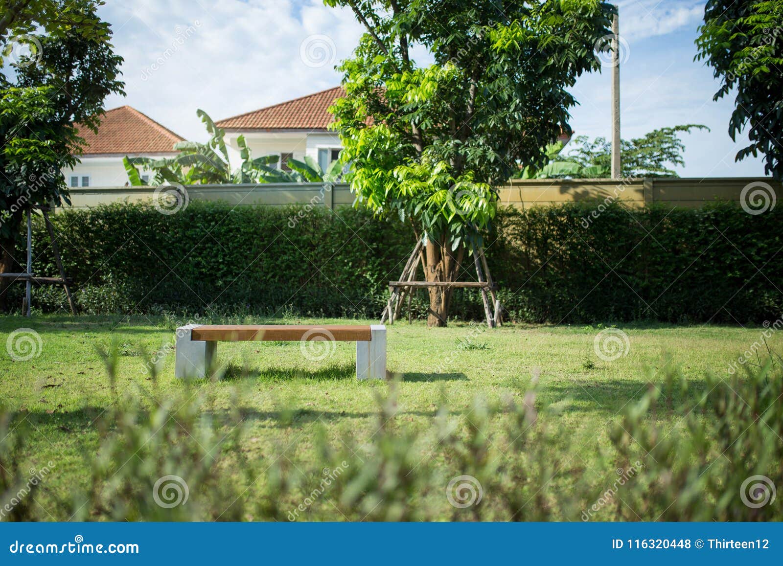 Bank im garten stockfoto. Bild von garten, bank 116320448