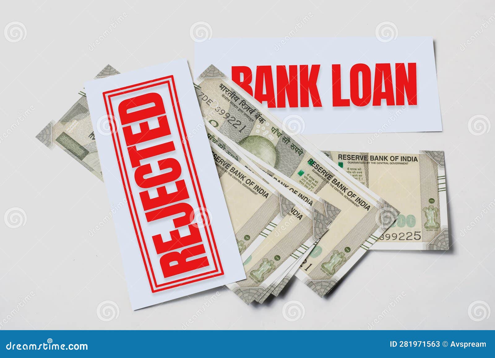 Bank Loan Rejected Concept: Pile of 500 Hundred Indian Currency Notes
