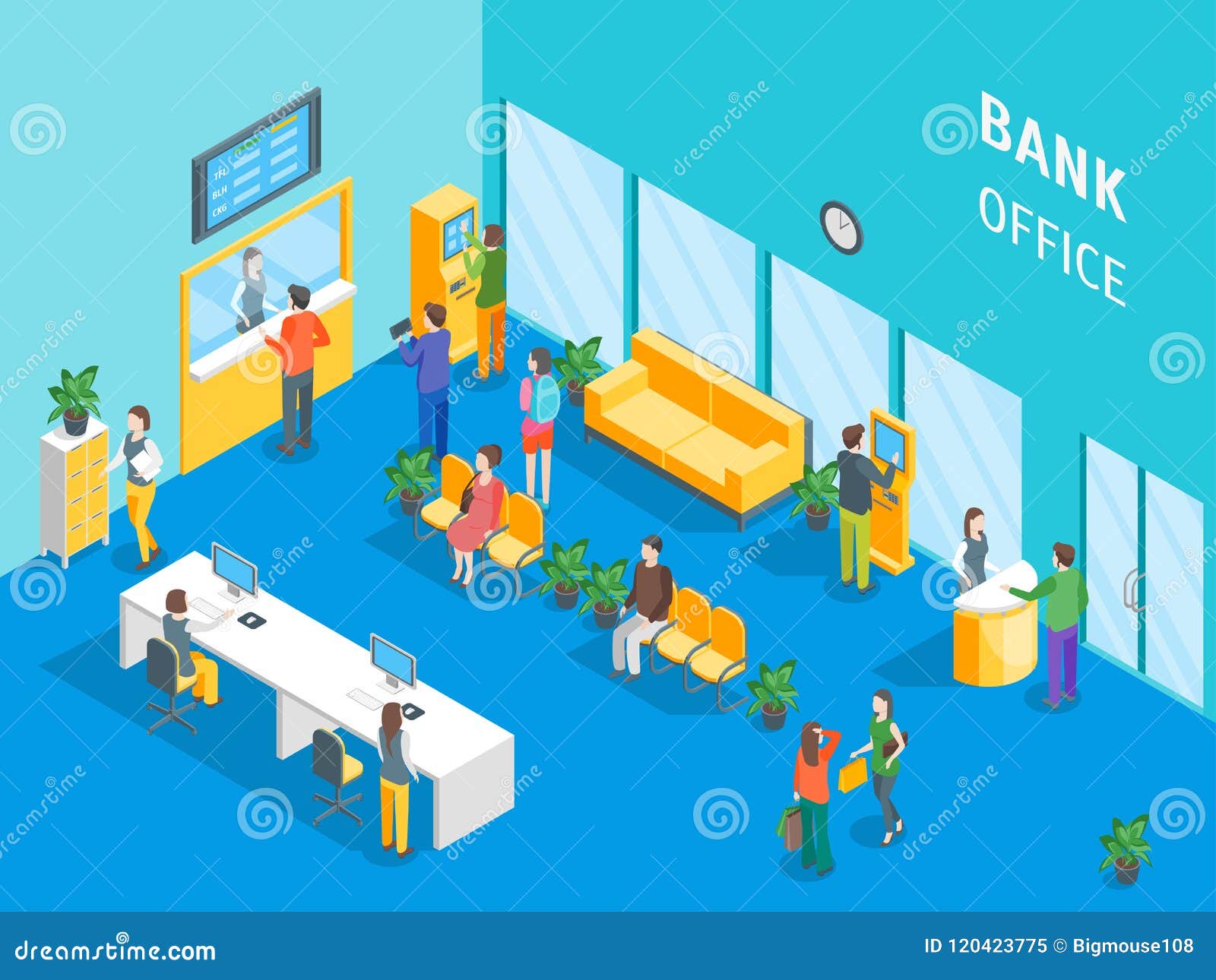 Bank Office Interior with Furniture and People Isometric View