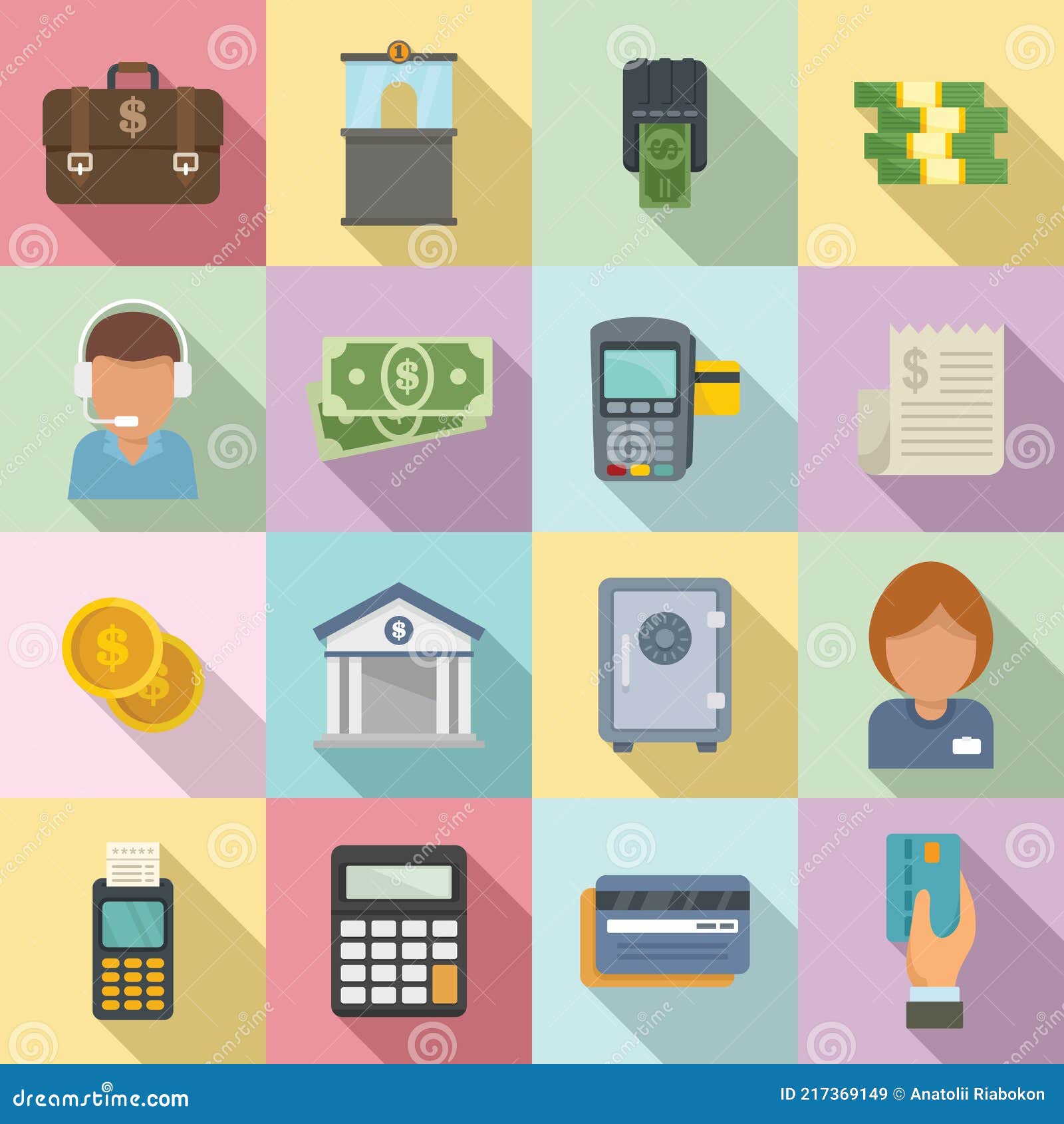 Bank Teller Icons Set, Flat Style Stock Vector Illustration of banker