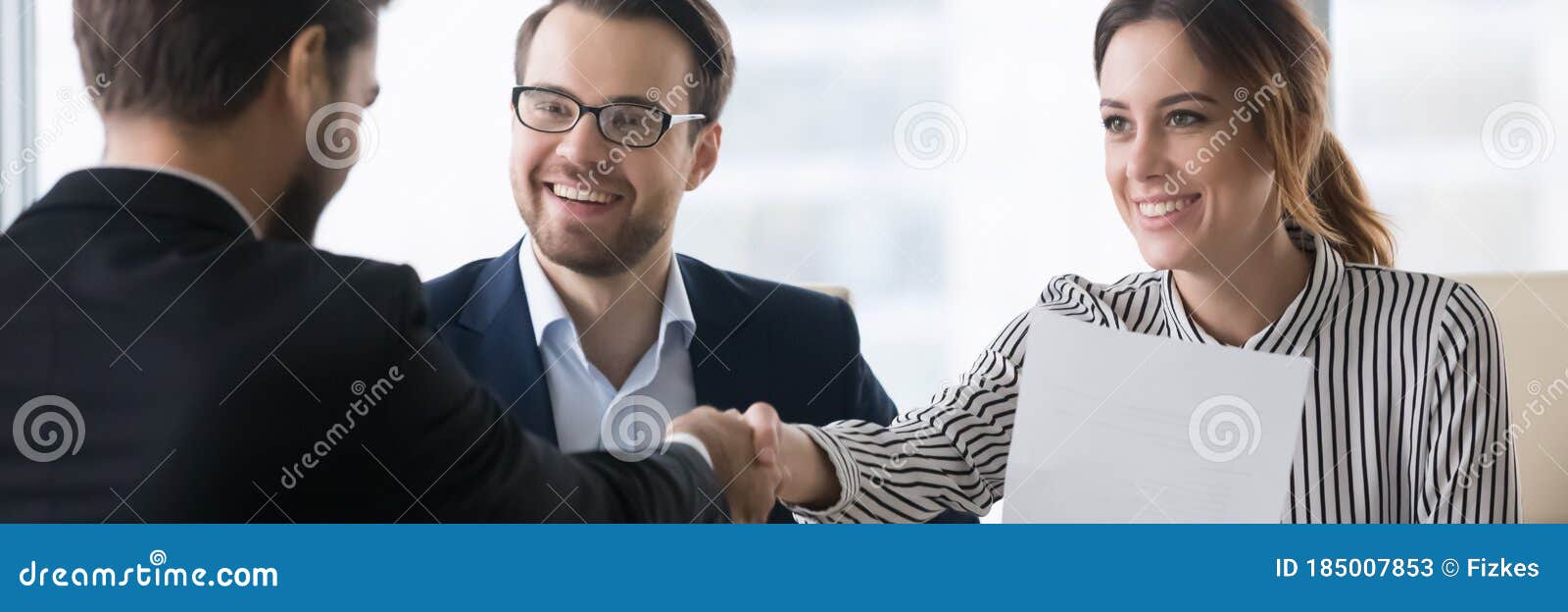 bank workers and client make deal shake hands horizontal image