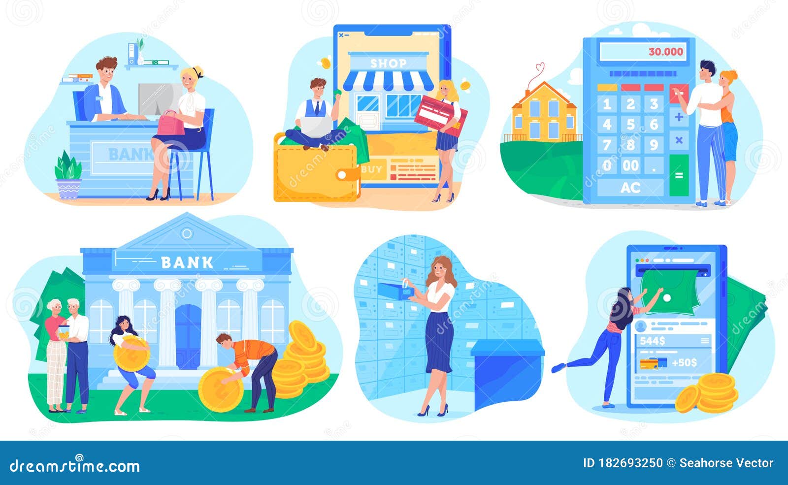 Banking Concept, People Cartoon Characters Saving Money and Shopping  Online, Vector Illustration Stock Vector - Illustration of commerce, coin:  182693250