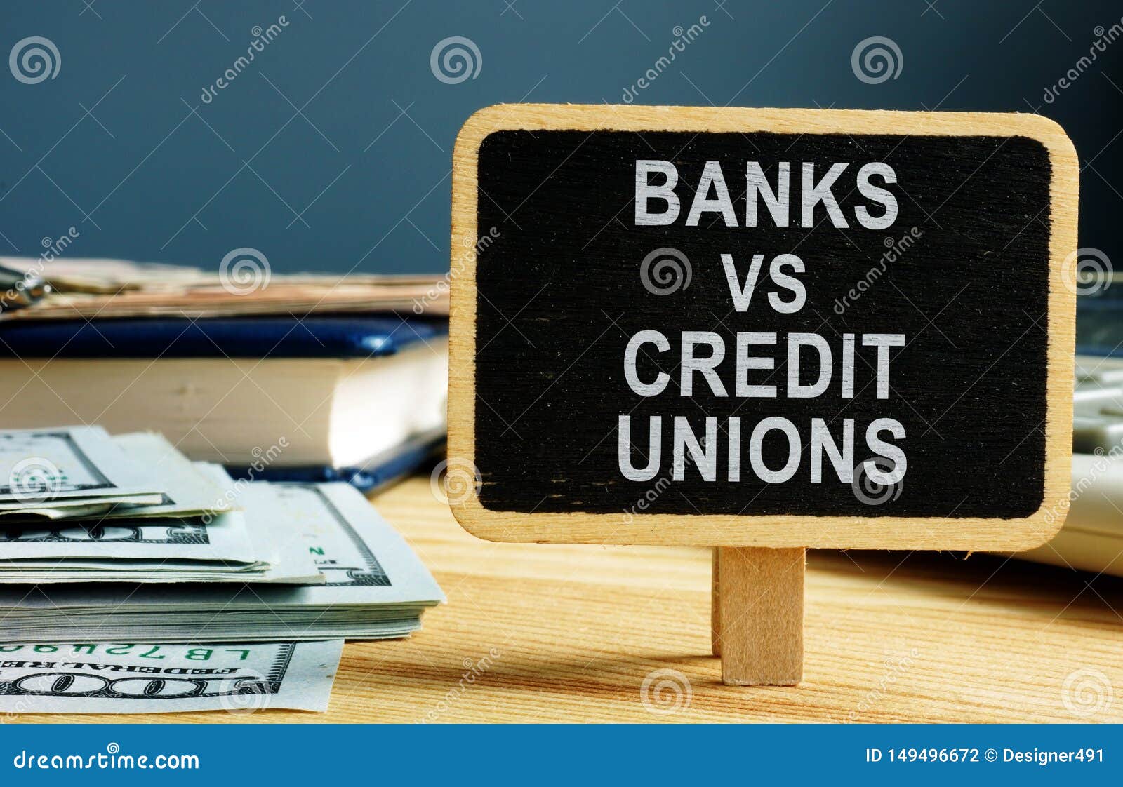 banks vs credit unions concept. money and ledger