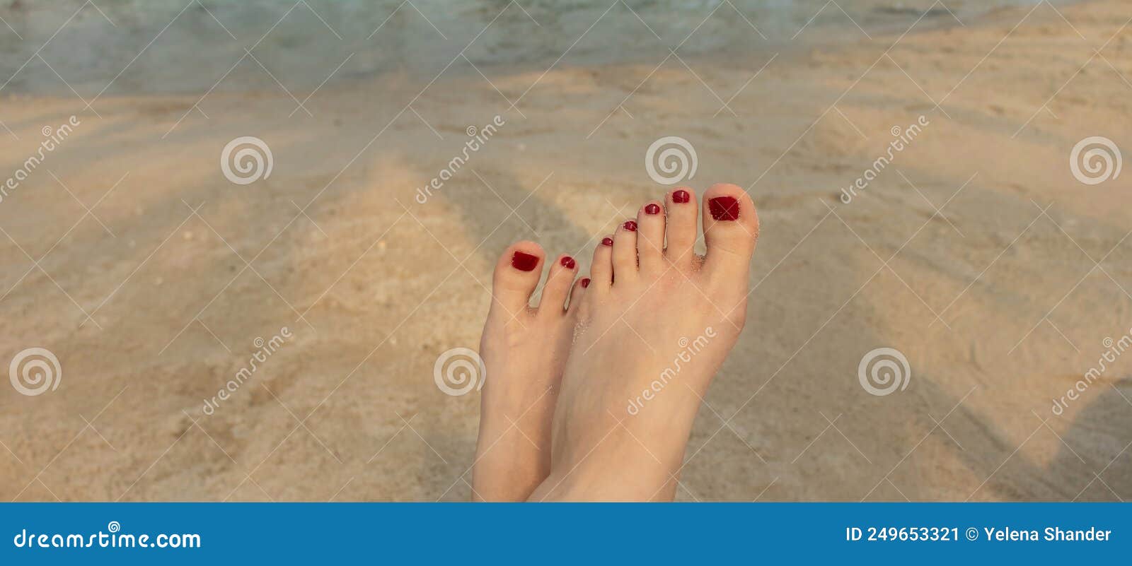 444 Female Feet Red Pedicure Beach Sand Stock Photos