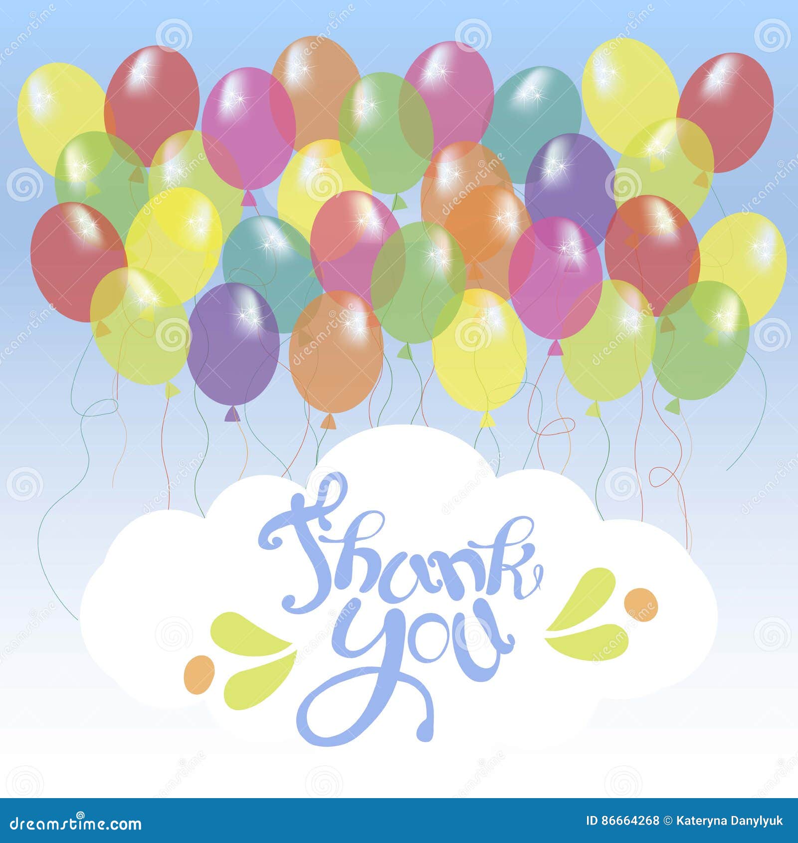Banner with Blue Lettering Thank You on White Cloud, Bright Balloons on ...