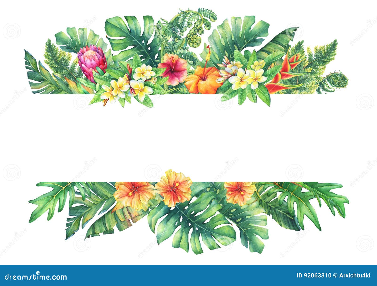 banner with branches purple protea flowers, plumeria, hibiscus and tropical plants.