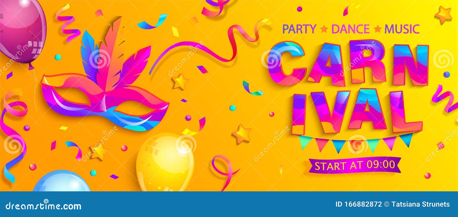 banner for carnival party: mask,confetti,balloons.