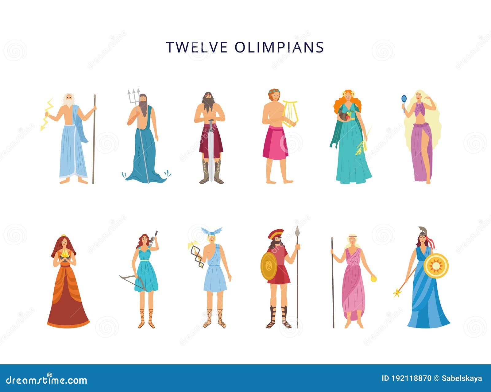 Twelve Olympians Of Greek Gods And Goddesses, Flat Vector ...