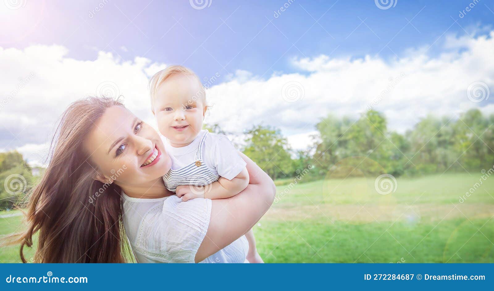 banner of caucasians happy baby (boy) and his mother. healthy child (kid) having fun with mom in the summer.