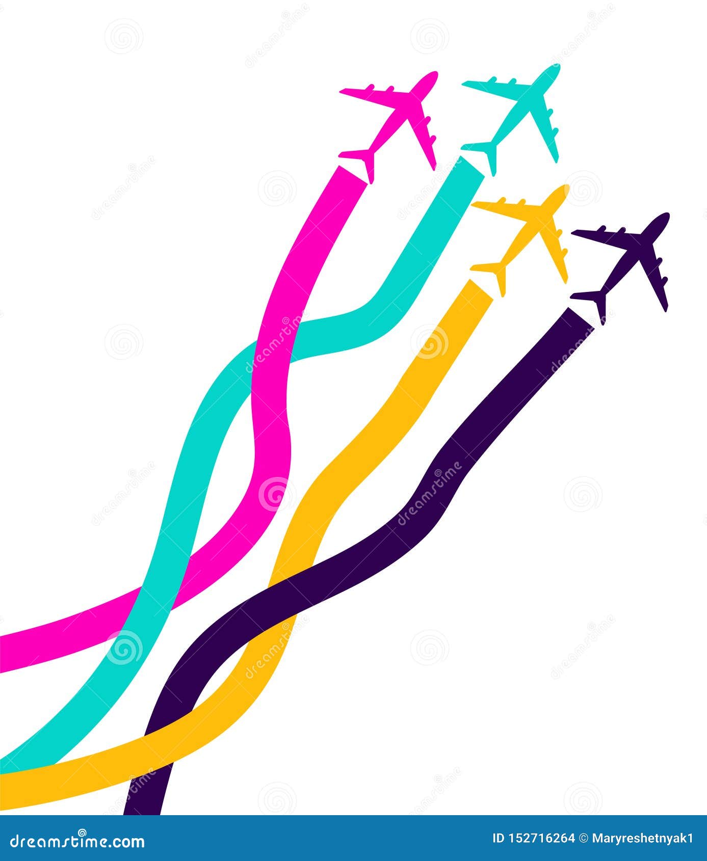 banner with colorful airplanes. business avia card with four  airplanes with tapes. travel of airplane, for travel agencies.