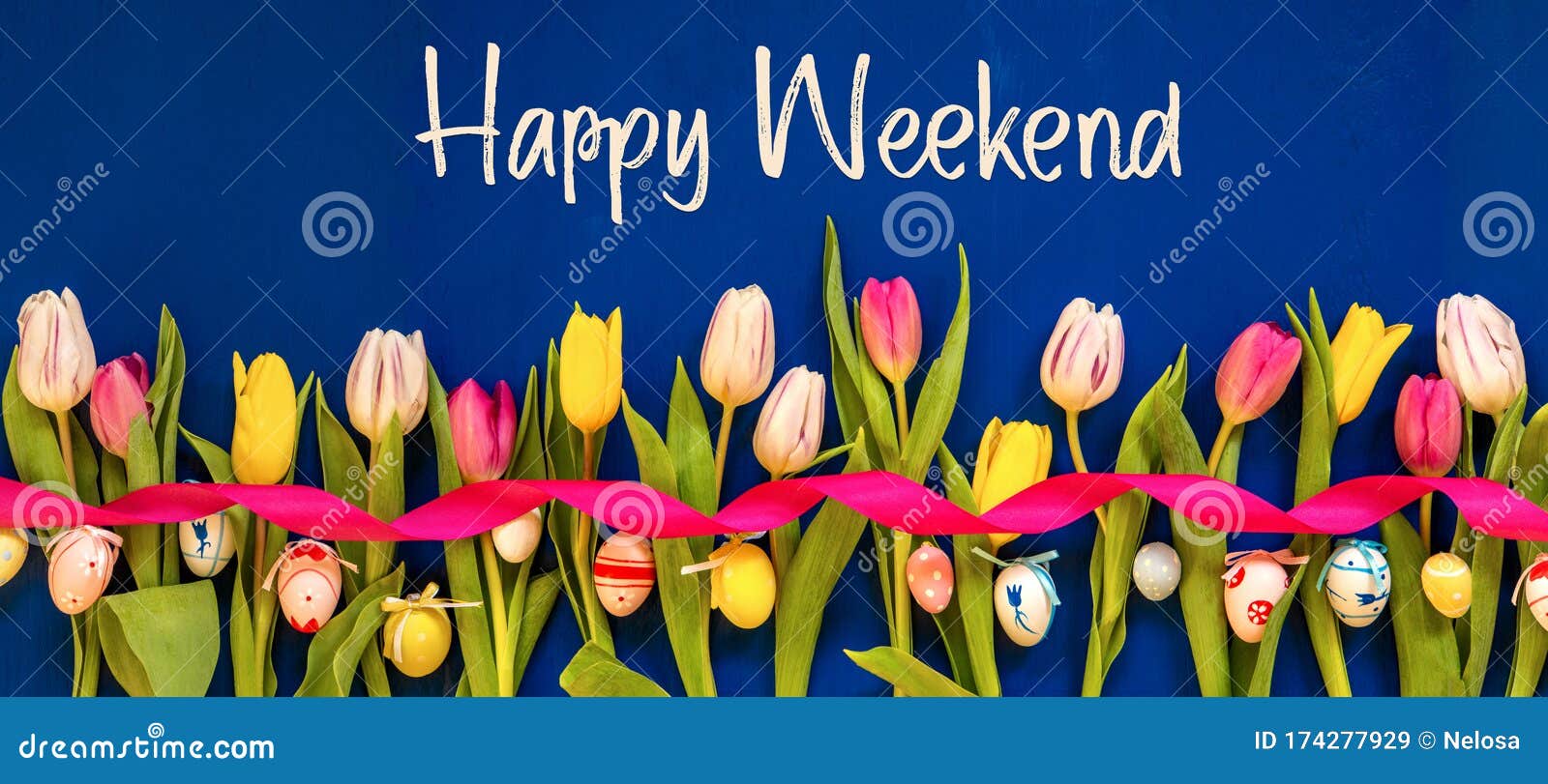 Banner with Colorful Tulip, Text Happy Weekend, Easter Egg Stock ...