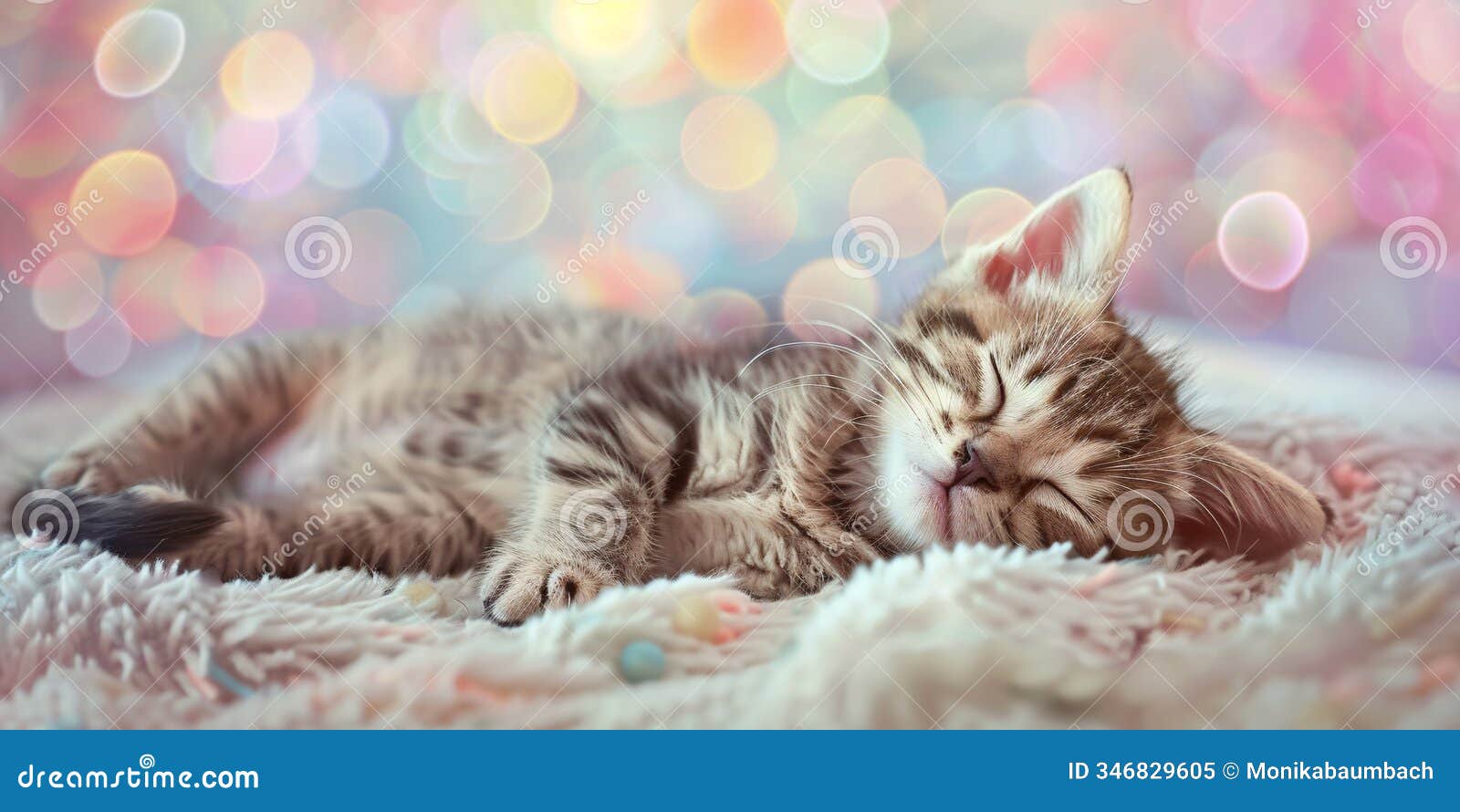 banner with cute small sleeping tabby kitten on blanket