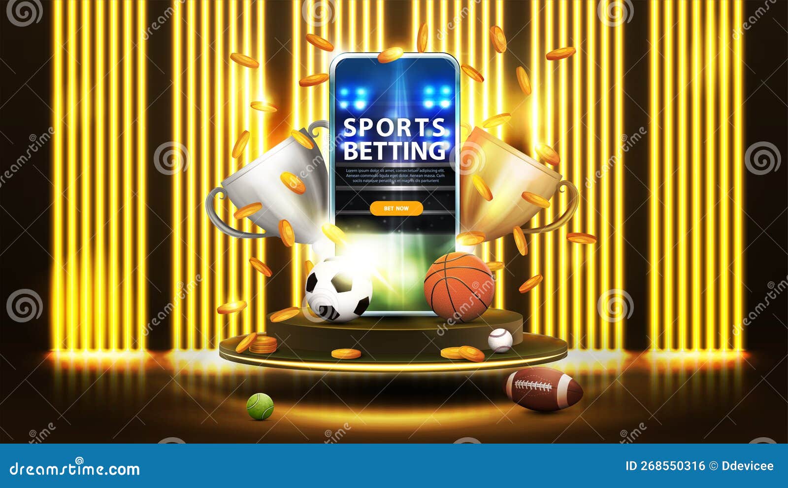 Banner azul de apostas esportivas com copos de campeão de tablet moedas de  ouro caindo e bolas esportivas