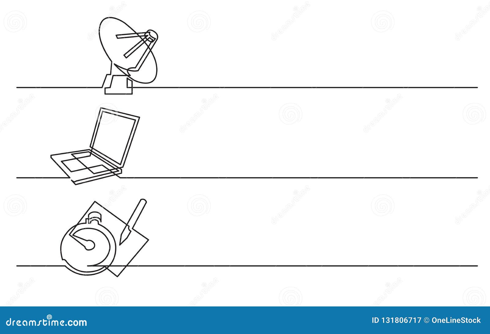 banner  - continuous line drawing of business icons: satelite antena, laptop computer, stop watch