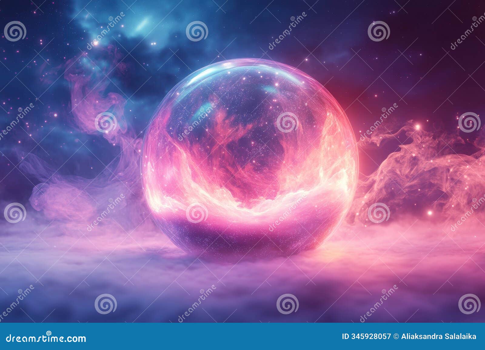 banner featuring a mystical crystal orb surrounded by ethereal wisps against a twilight sky, offering space for text