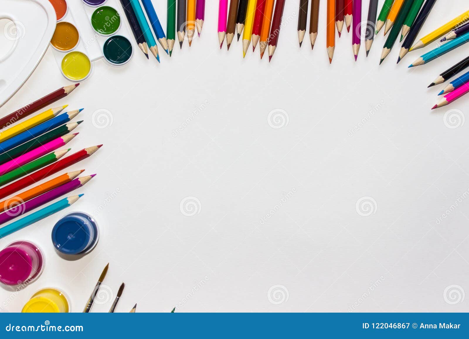 Color Pencils, Paints and Brushes on White Background. Close Up, Top View,  Copy Space. Stock Image - Image of close, school: 122046867