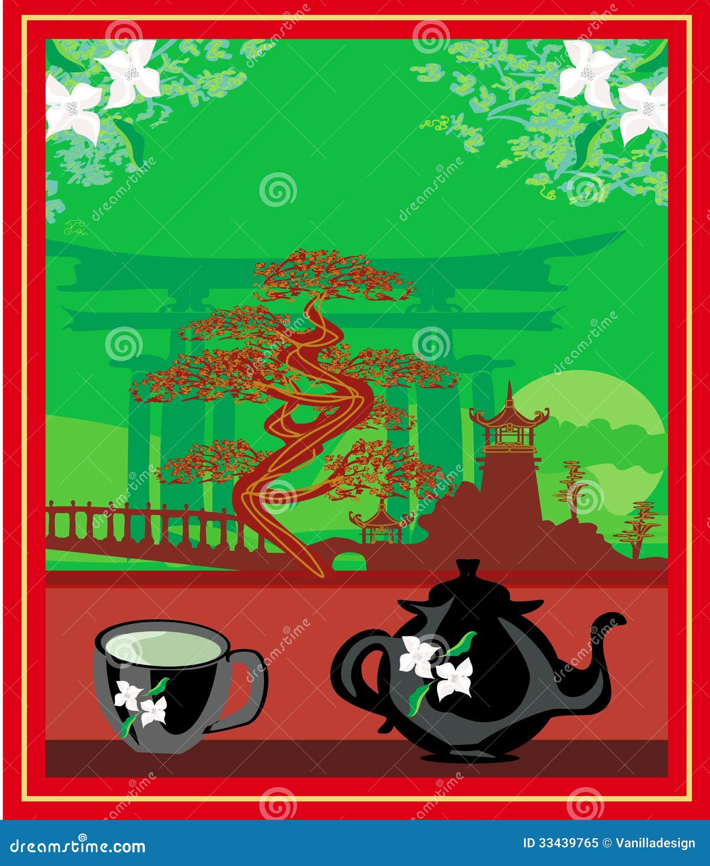 Banner with a Kettle, the Scenery and the Chinese Character Tea Stock