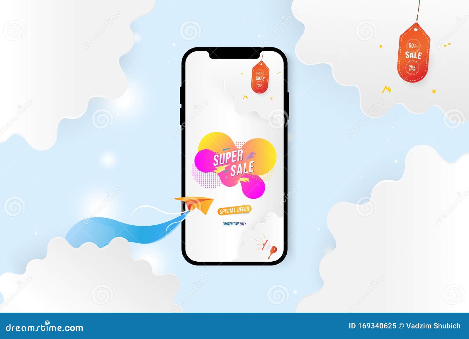 Download Banner Mega Sale In Mockup Smartphone. Special Offer 50 With Plane On The Background Of Clouds ...