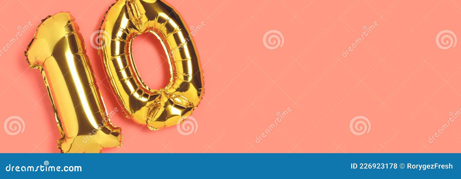 Banner with Number 10 Golden Balloons with Place for Text. Stock Photo