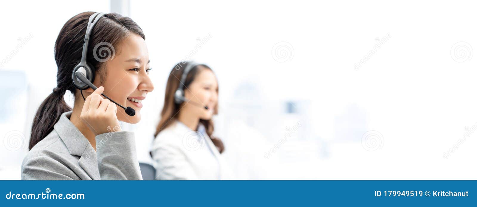 banner of smiling telemarketing asian woman in call center office