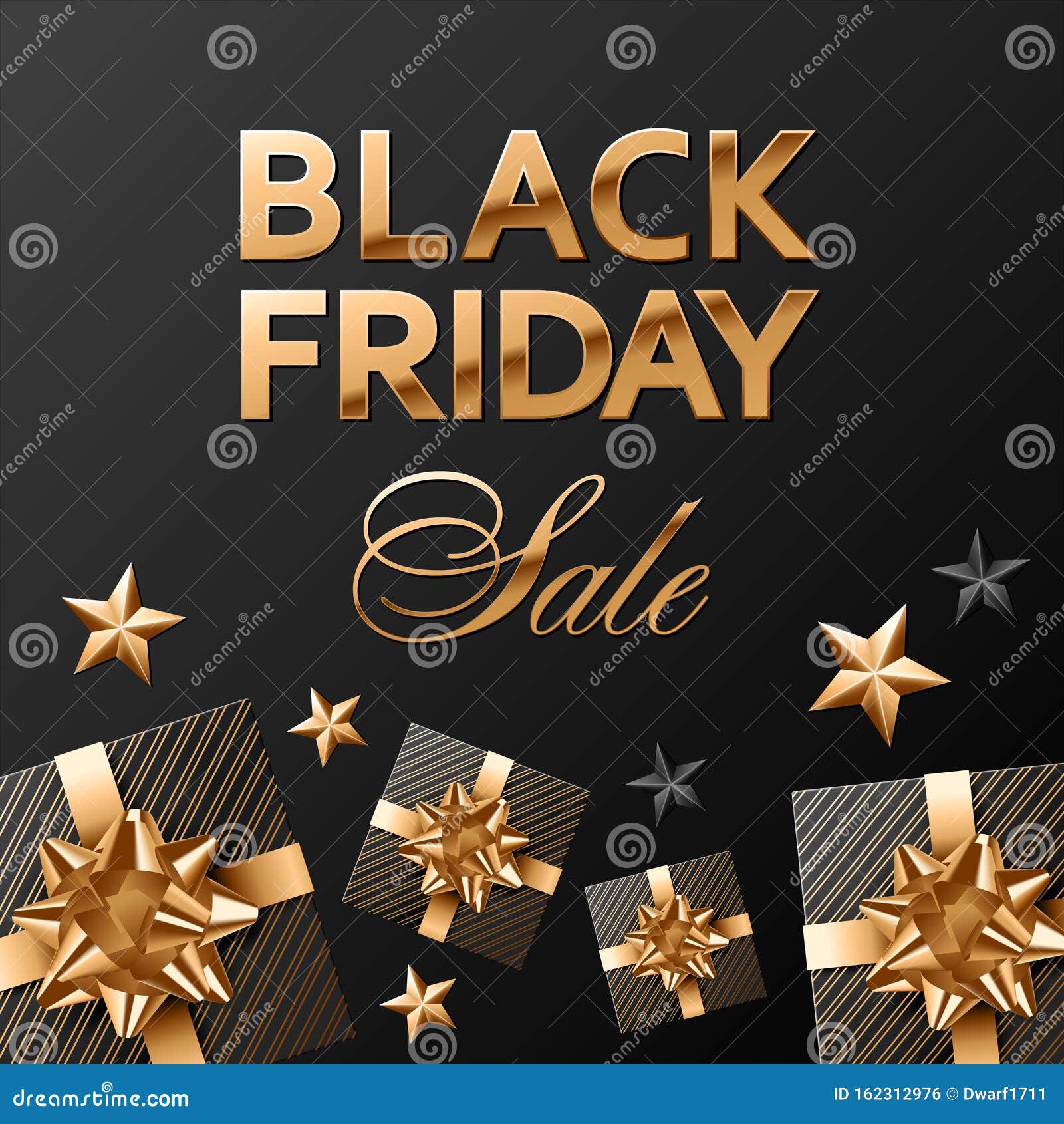 Banner or social media square post vector composition with gifts, black anf gold stars. Black friday sale golden shiny lettering. Gifts covered with gold black striped paper with golden bows.
