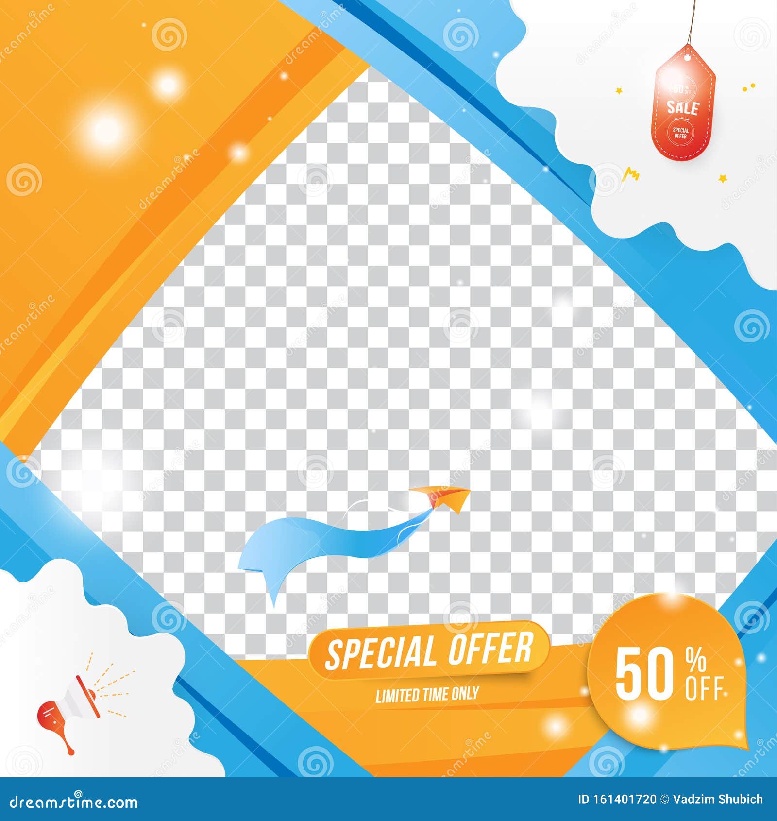 Banner for Social Page. Special Offer Mega Sale 50 Plane with Loudspeaker  on the Transparent Background of Clouds Cut Out of Paper Stock Illustration  - Illustration of shop, plane: 161401720