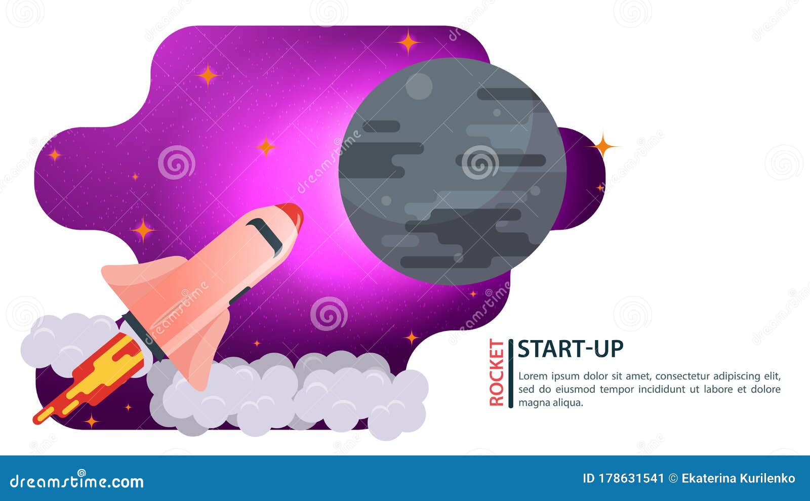 banner space shuttle ship flying in space to a large gray planet for web and mobile sites  flat  