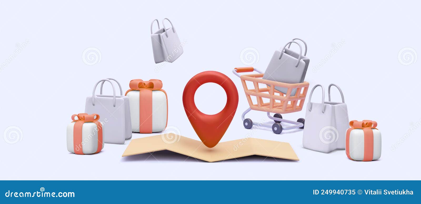 Banner for Store with Cart, Gift Boxes, Store, Map with Pointer in 3d