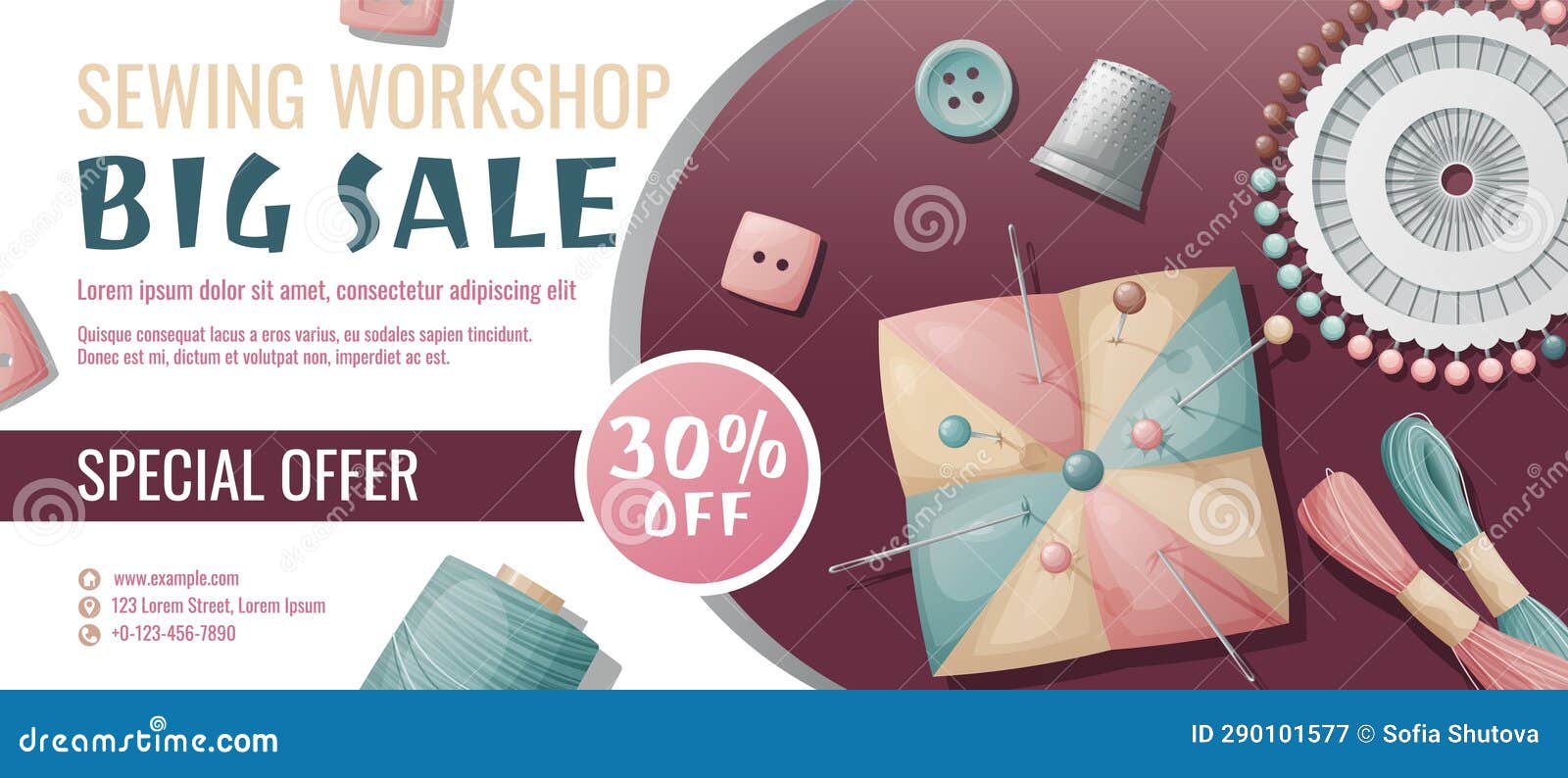 banner template for sewing workshop. discount coupon with sewing items. pincushion, pins, needles, thimble, thread