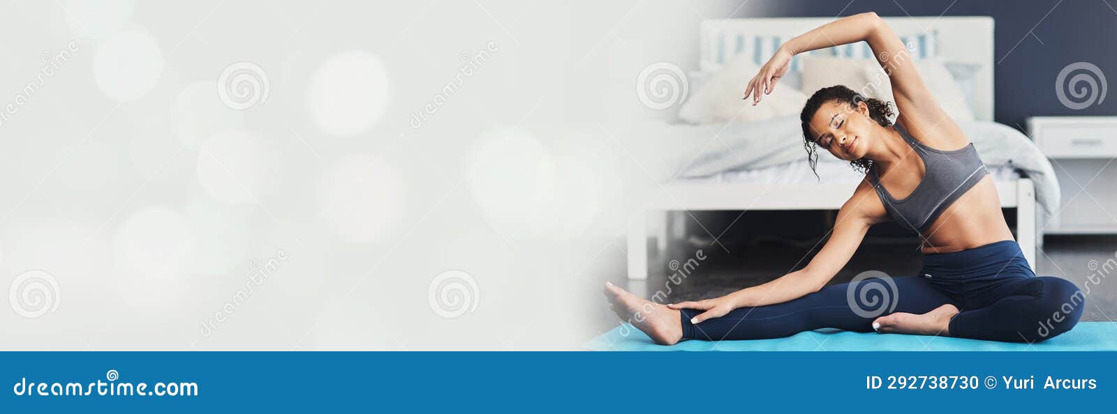 Banner, Yoga and Fitness, Woman in Bedroom and Stretching Workout with  Mockup, Health and Wellness in Home. Pilates Stock Photo - Image of people,  mockup: 292738730