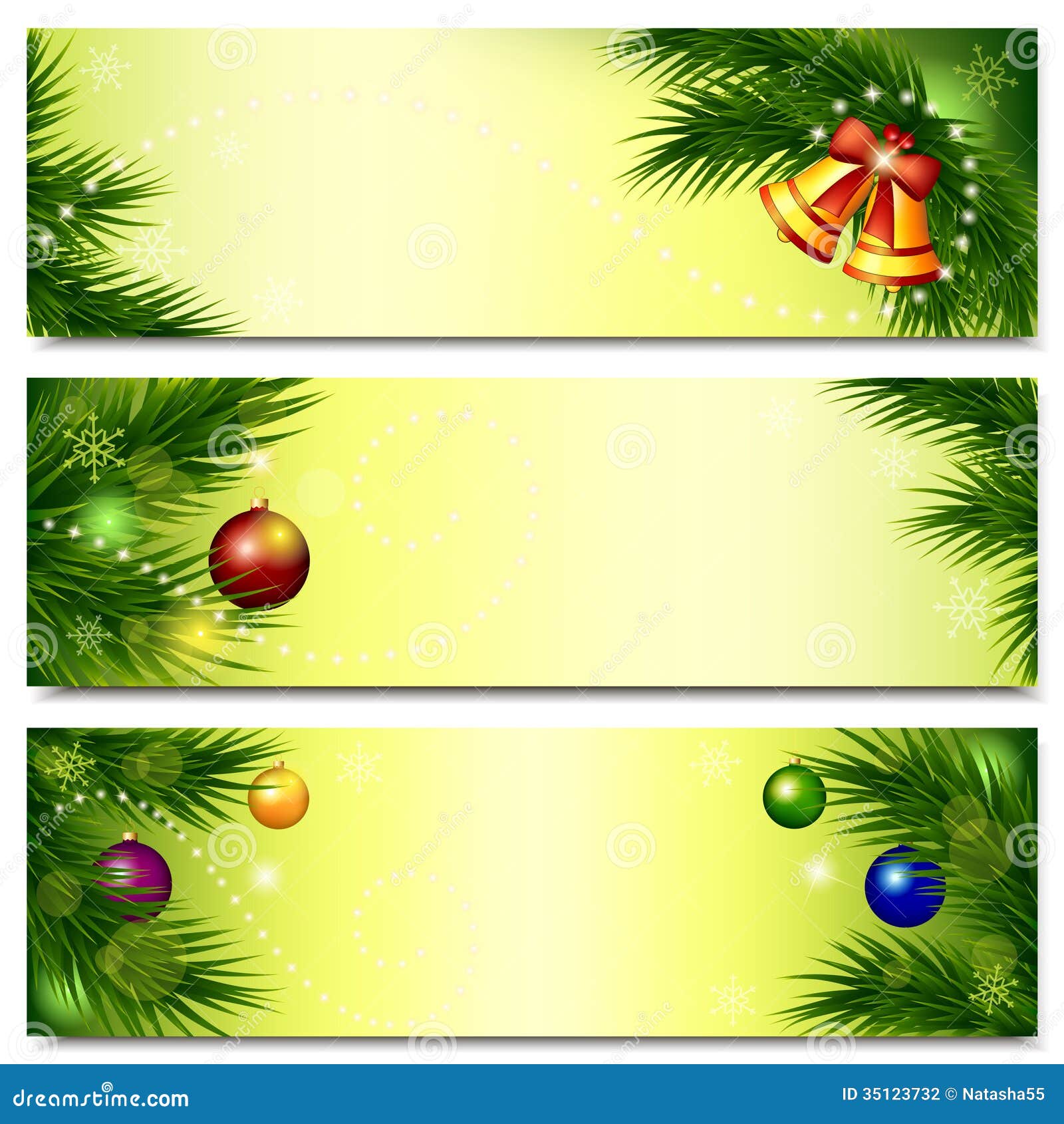 Banners With Christmas Tree, Bells And Balls Stock 