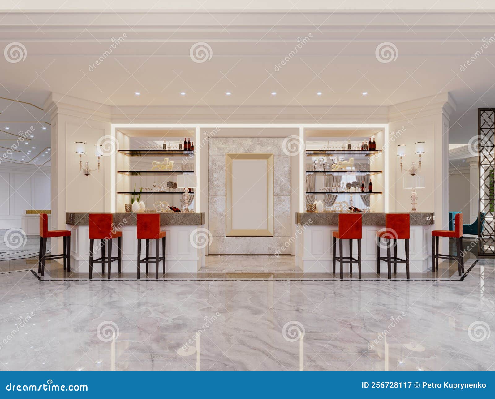 Bar Area in a Restaurant with a Bar Counter and Shelves with Drinks and